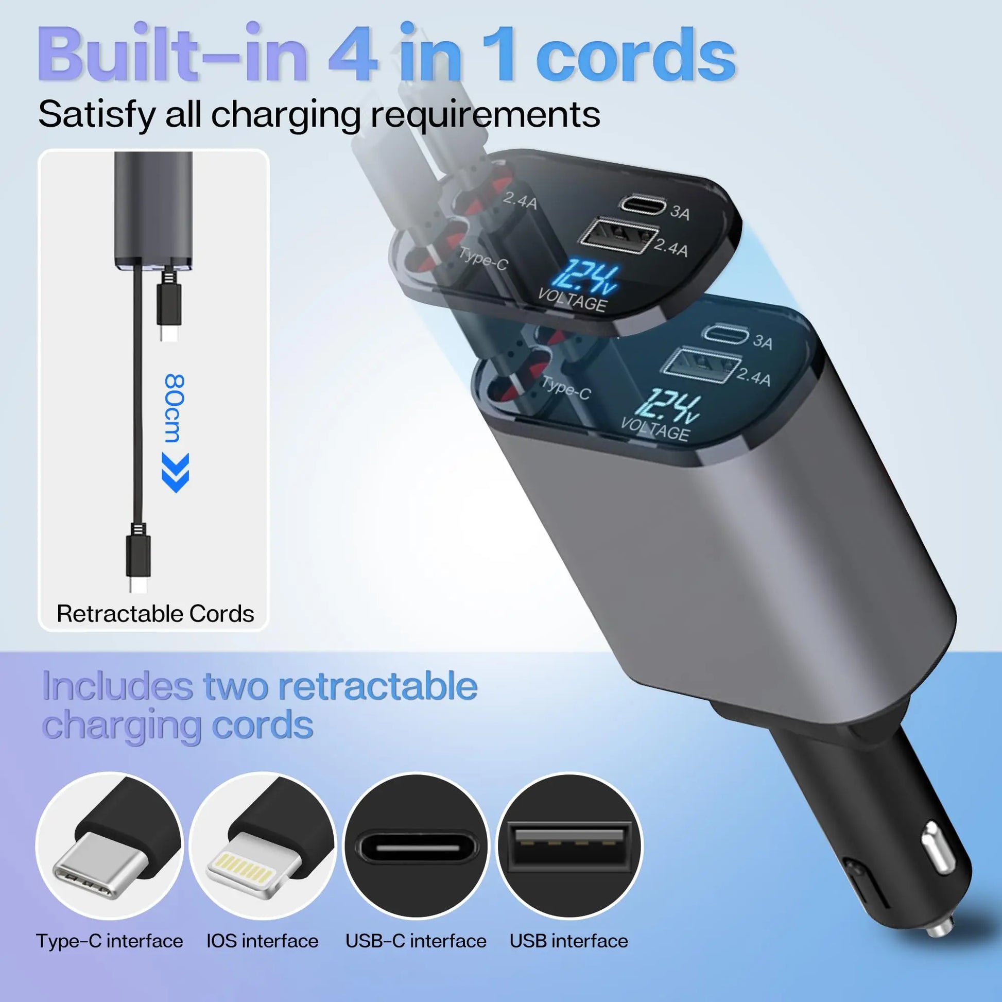 4-in-1 Retractable Car Charger – Fast USB-C & iPhone Charging, QC Adapter & Cigarette Lighter Plug