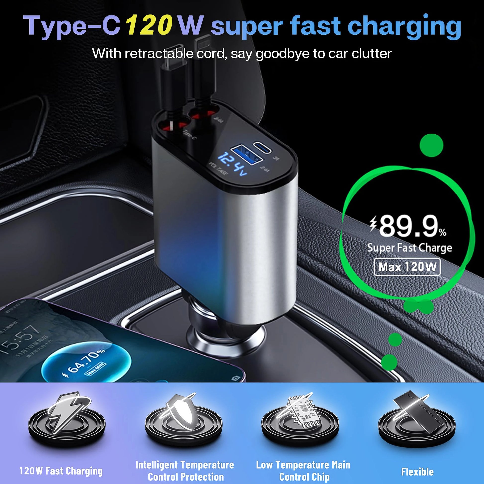 4-in-1 Retractable Car Charger – Fast USB-C & iPhone Charging, QC Adapter & Cigarette Lighter Plug