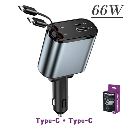 4-in-1 Retractable Car Charger – Fast USB-C & iPhone Charging, QC Adapter & Cigarette Lighter Plug