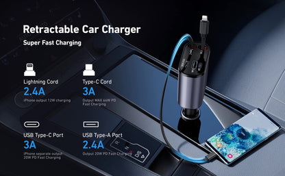 4-in-1 Retractable Car Charger – Fast USB-C & iPhone Charging, QC Adapter & Cigarette Lighter Plug