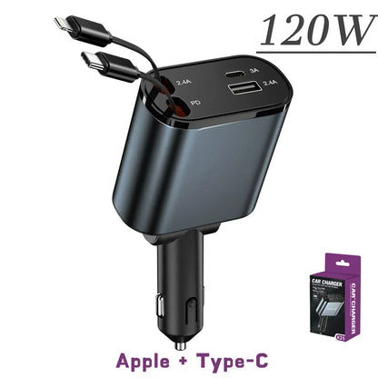 4-in-1 Retractable Car Charger – Fast USB-C & iPhone Charging, QC Adapter & Cigarette Lighter Plug