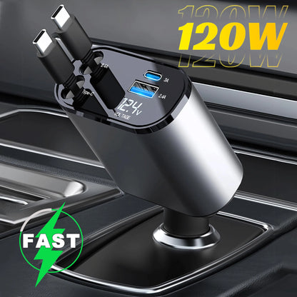 4-in-1 Retractable Car Charger – Fast USB-C & iPhone Charging, QC Adapter & Cigarette Lighter Plug