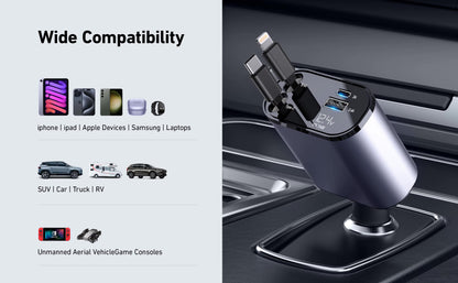 4-in-1 Retractable Car Charger – Fast USB-C & iPhone Charging, QC Adapter & Cigarette Lighter Plug