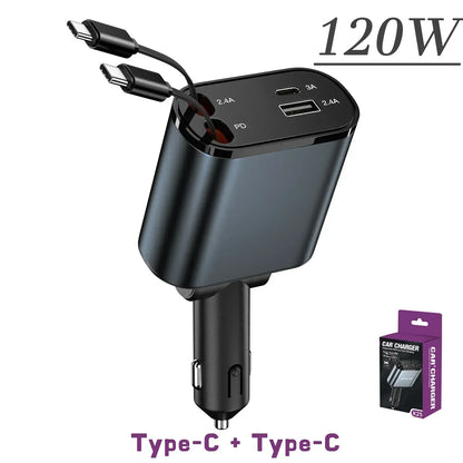 4-in-1 Retractable Car Charger – Fast USB-C & iPhone Charging, QC Adapter & Cigarette Lighter Plug